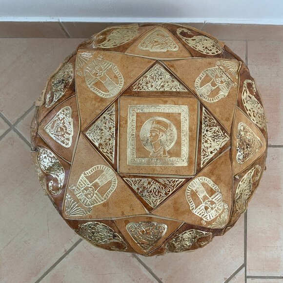 Round Leather Pouf Ottoman with Egyptian Accents - Picture 2 of 8